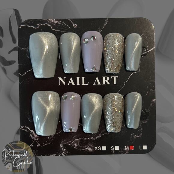 Grey and Lavender Medium Coffin Press On Nails - Size Medium - Picture 1 of 2